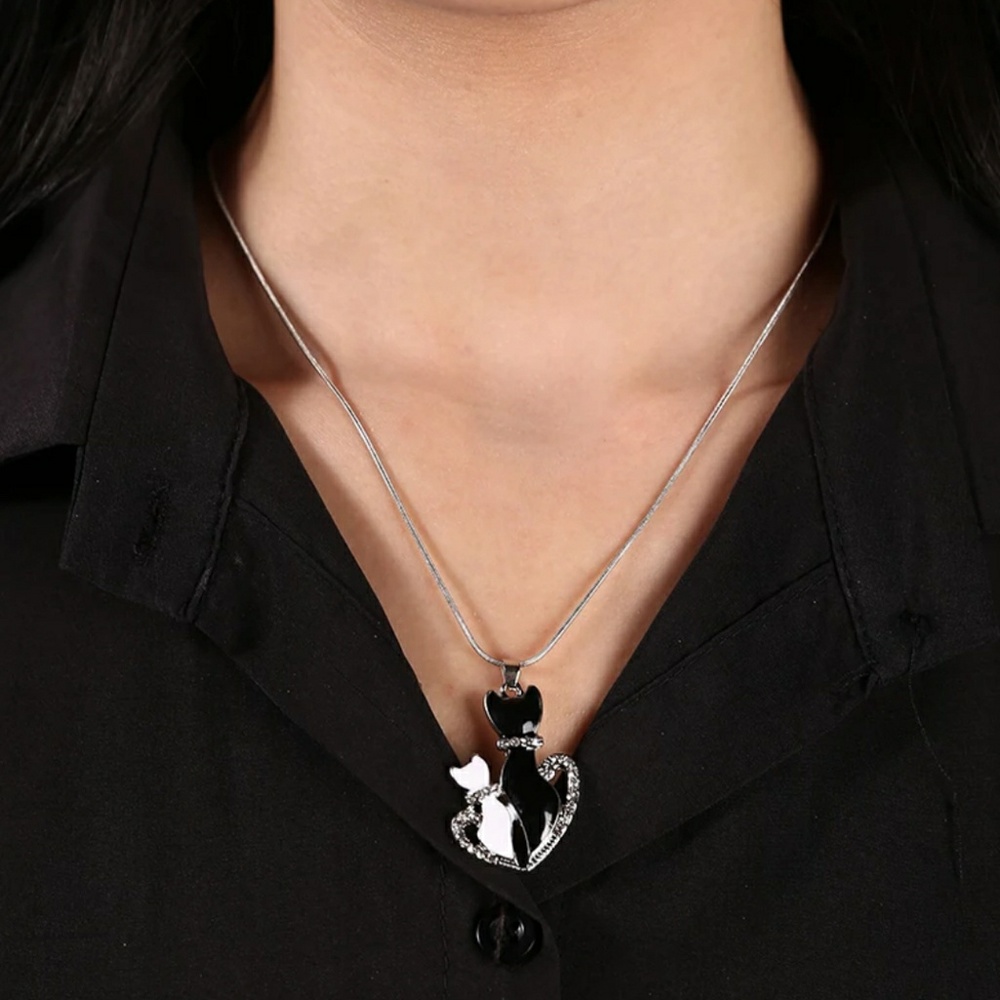 NEW Black and White Cats Necklace With Rhinestones